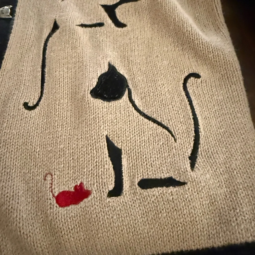 Vintage 2003 Christopher & Banks Cat Sweater Cardigan Ramie Cotton Embroidered - Picture 6 of 11